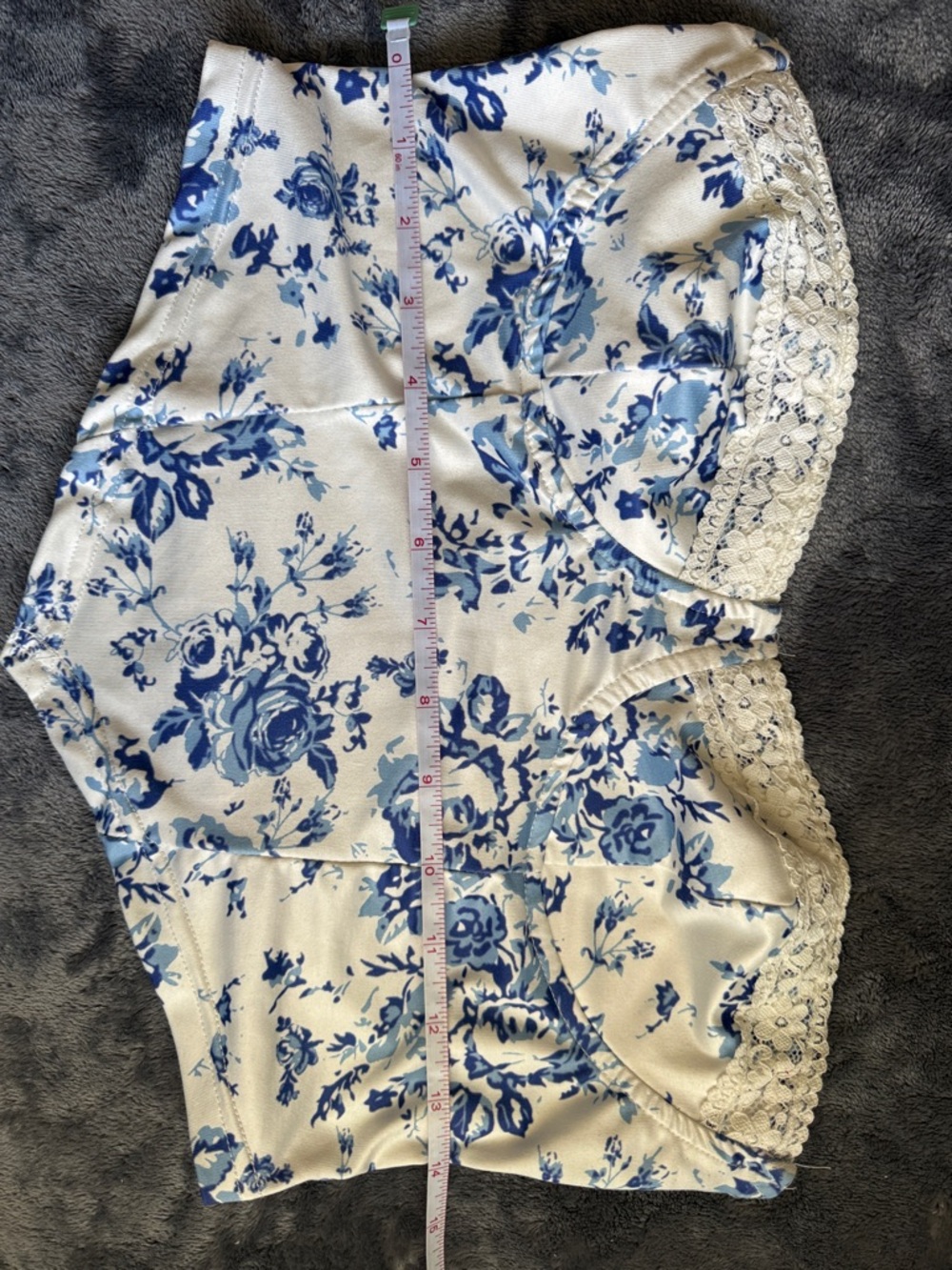 SHEIN White and Blue Floral Lace-Trim Crop Top